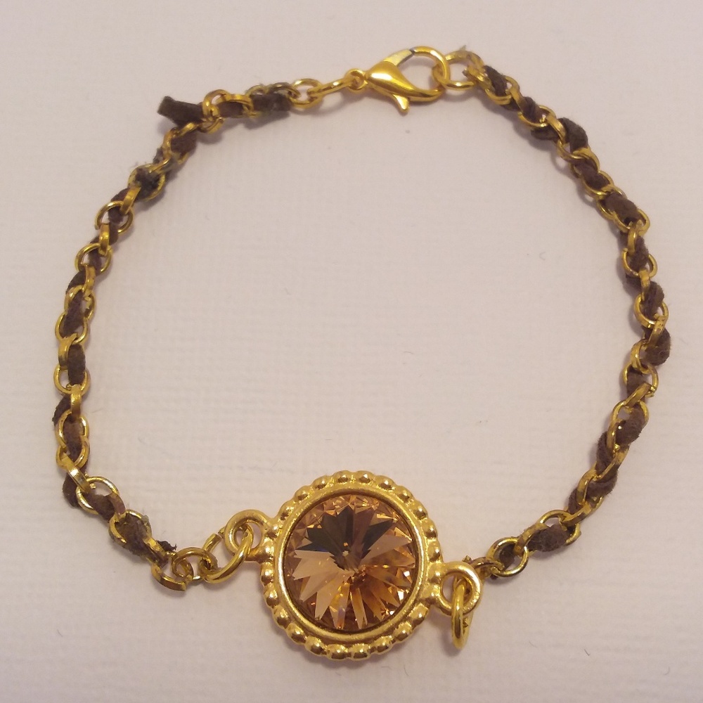Swarovski Gold Tone Crystal Leather Braided